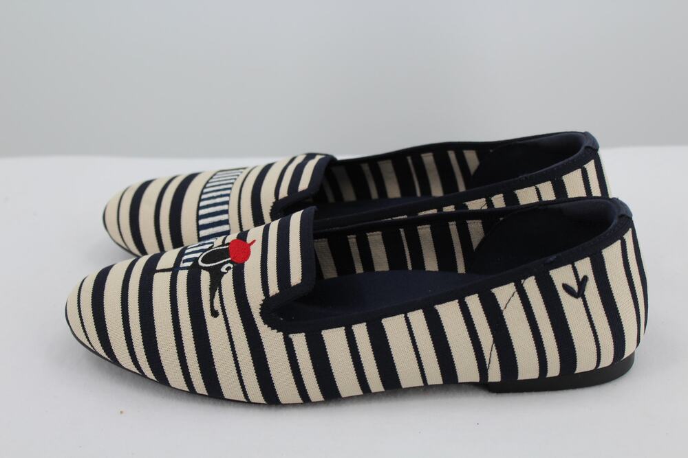 VIVAIA Audrey Navy Ivory Stripe Dog Embroidered Knit Loafers Flats EU 40 Us 9